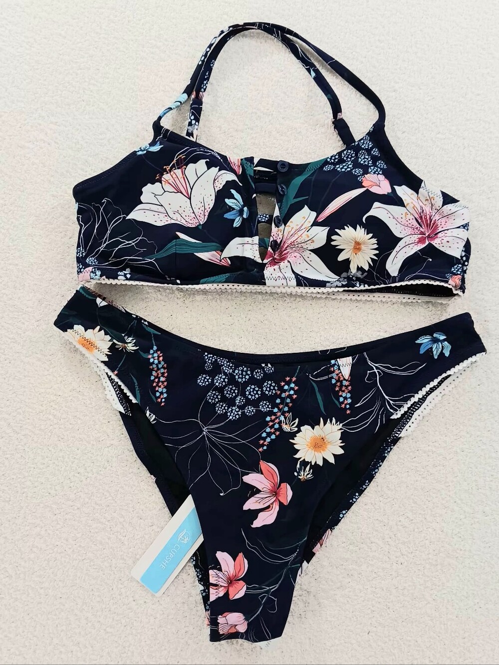 NWT CUPSHE Navy Blue Floral Bikini Set Swimsuit Two Pieces Size XL